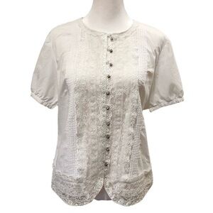 KENZIE cotton short sleeve blouse with silver tone ball buttons & lots of lace
